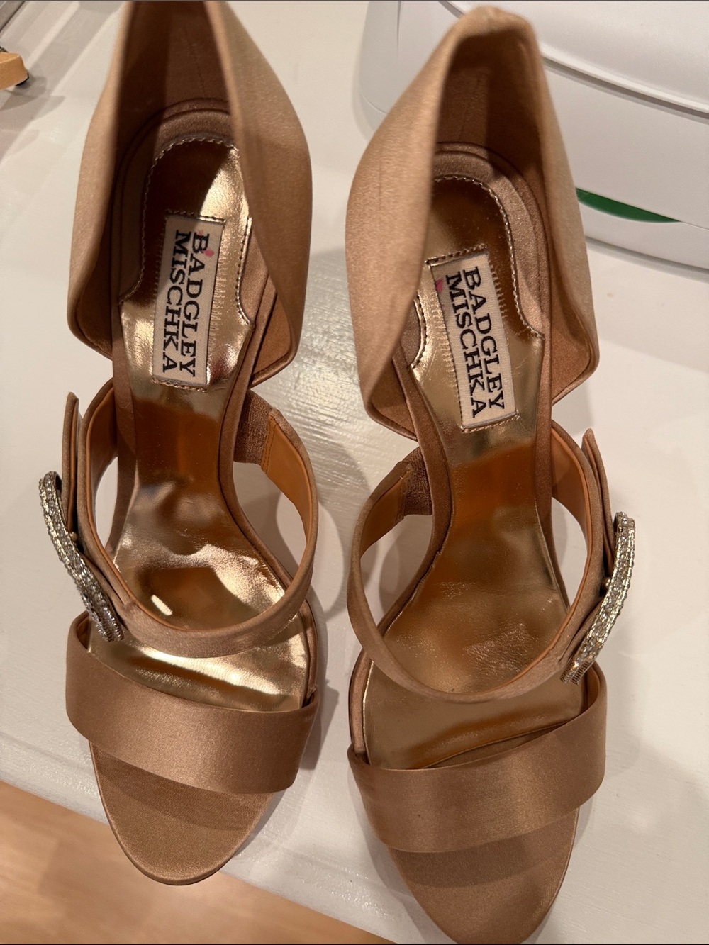 Badgley Mischka Satin D'Orsay Heels in Warm Champagne-Tan with Crystal Buckle.